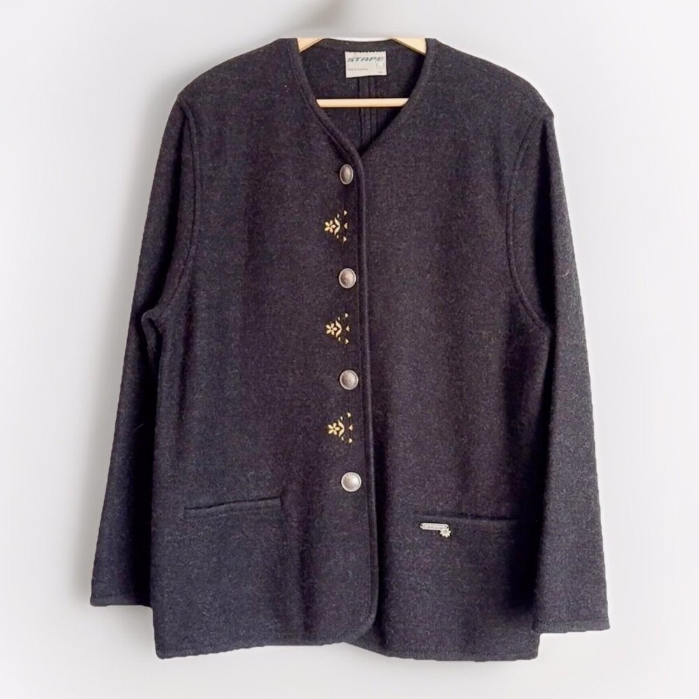 STAPF Austria Gray Embroidered 100% Wool Blazer Women’s Large (44) Alpine Scandi